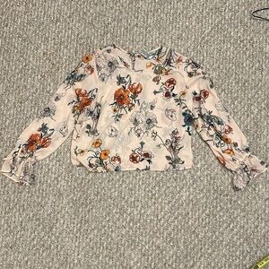Anne Carson, floral print, beautiful blush blouse free flowing crop boho Sm